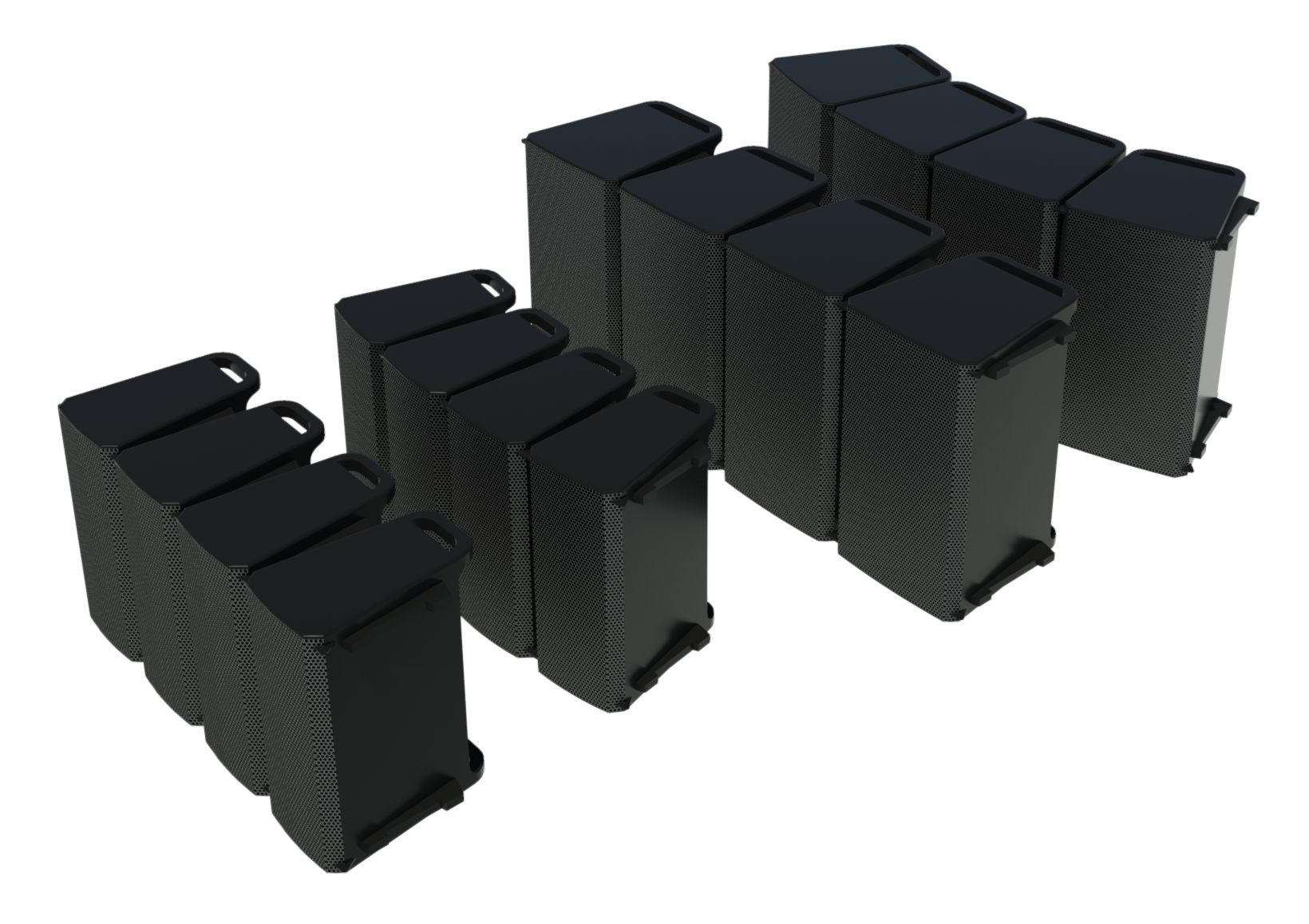 Revit render of L Class LA108 & LA112 horizontal line array with four speakers and varying azimuths.